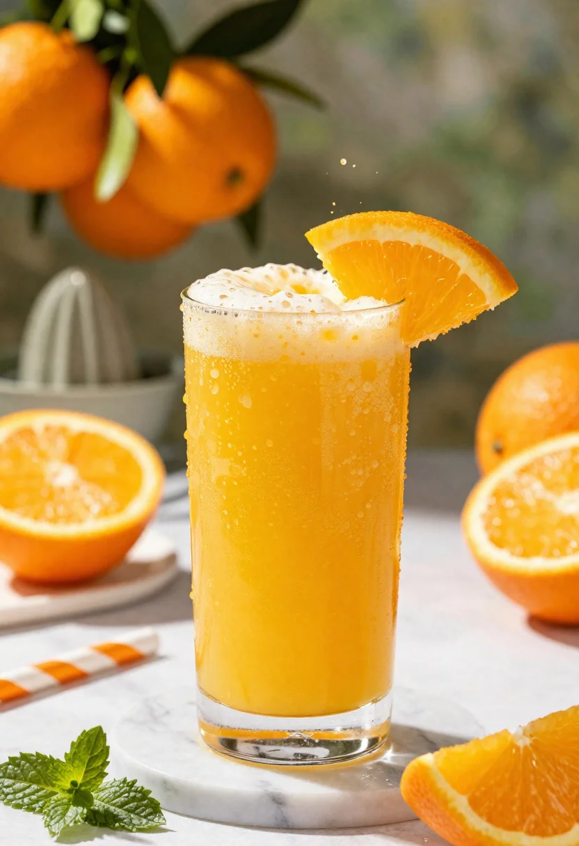 Close up of fresh orange juice with citrus garnishes on marble table