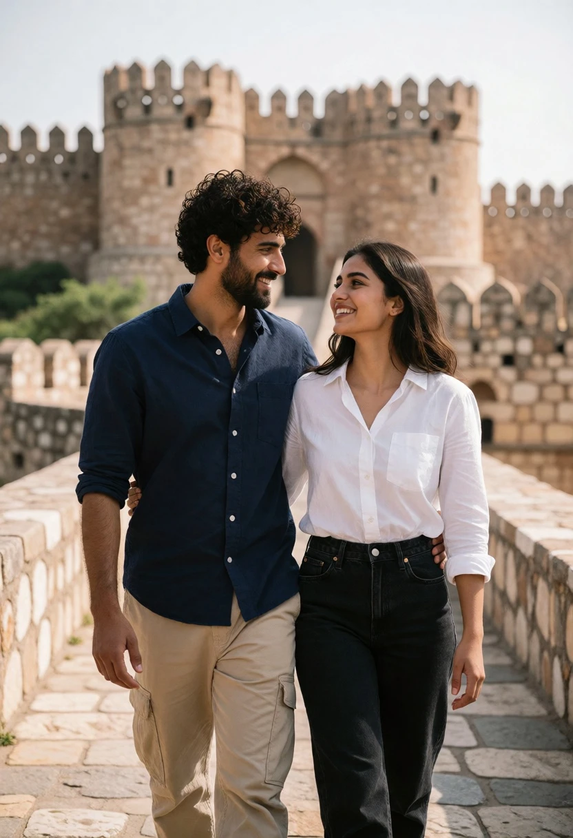 Couple walking on stone path before ancient fortress architecture at eye level - AI generated image prompt sample