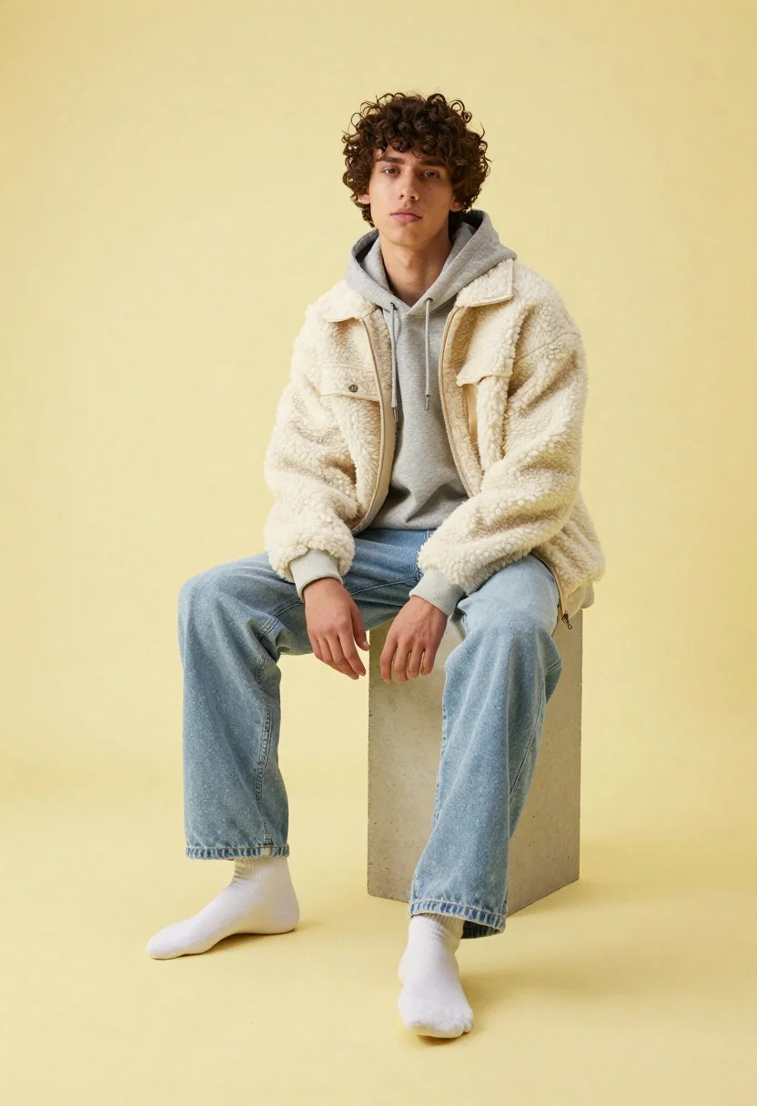 Young man in fleece jacket sitting on concrete block studio setting - AI generated image prompt sample