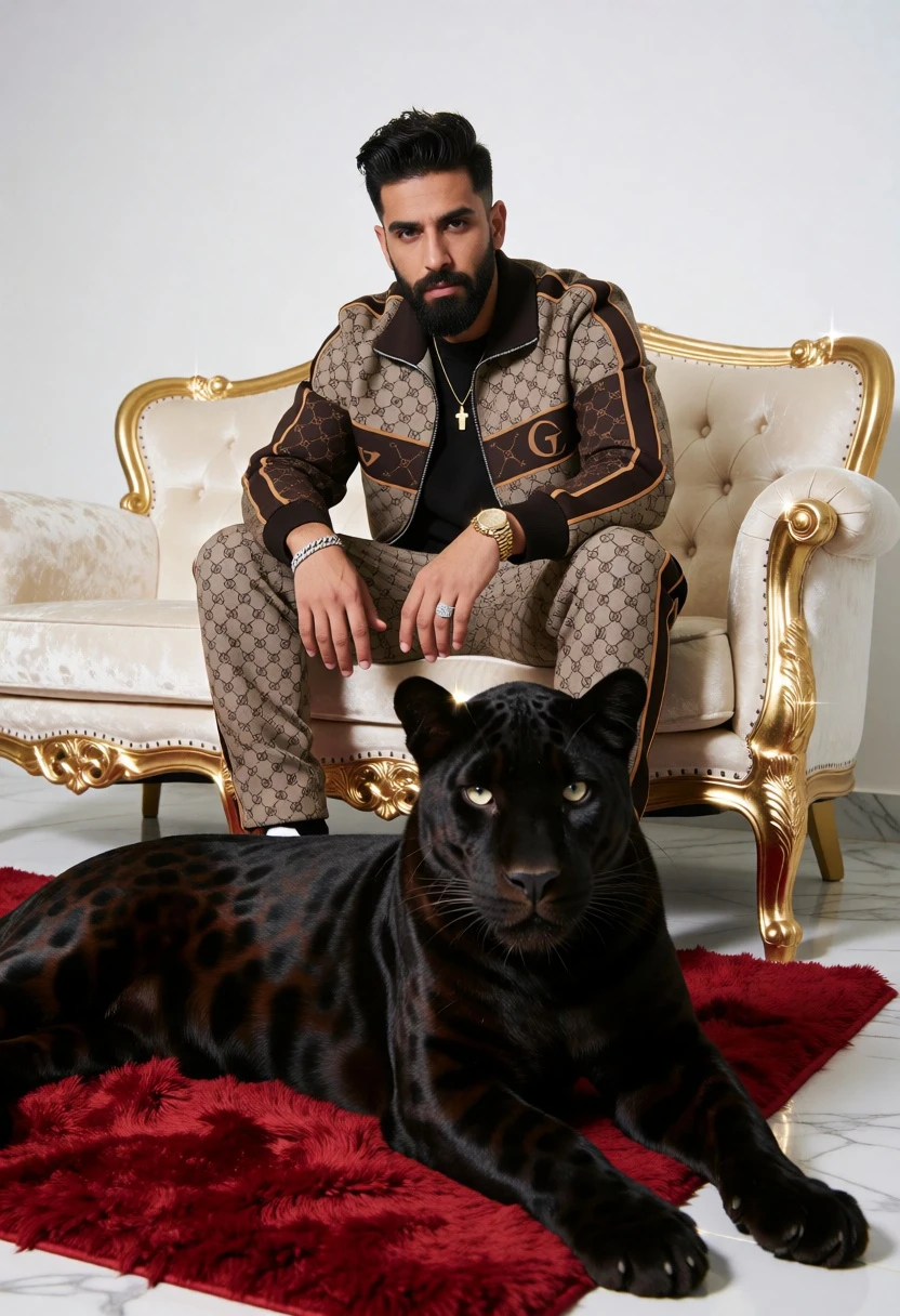 Man in monogrammed tracksuit with black panther on cream sofa - AI generated image prompt sample