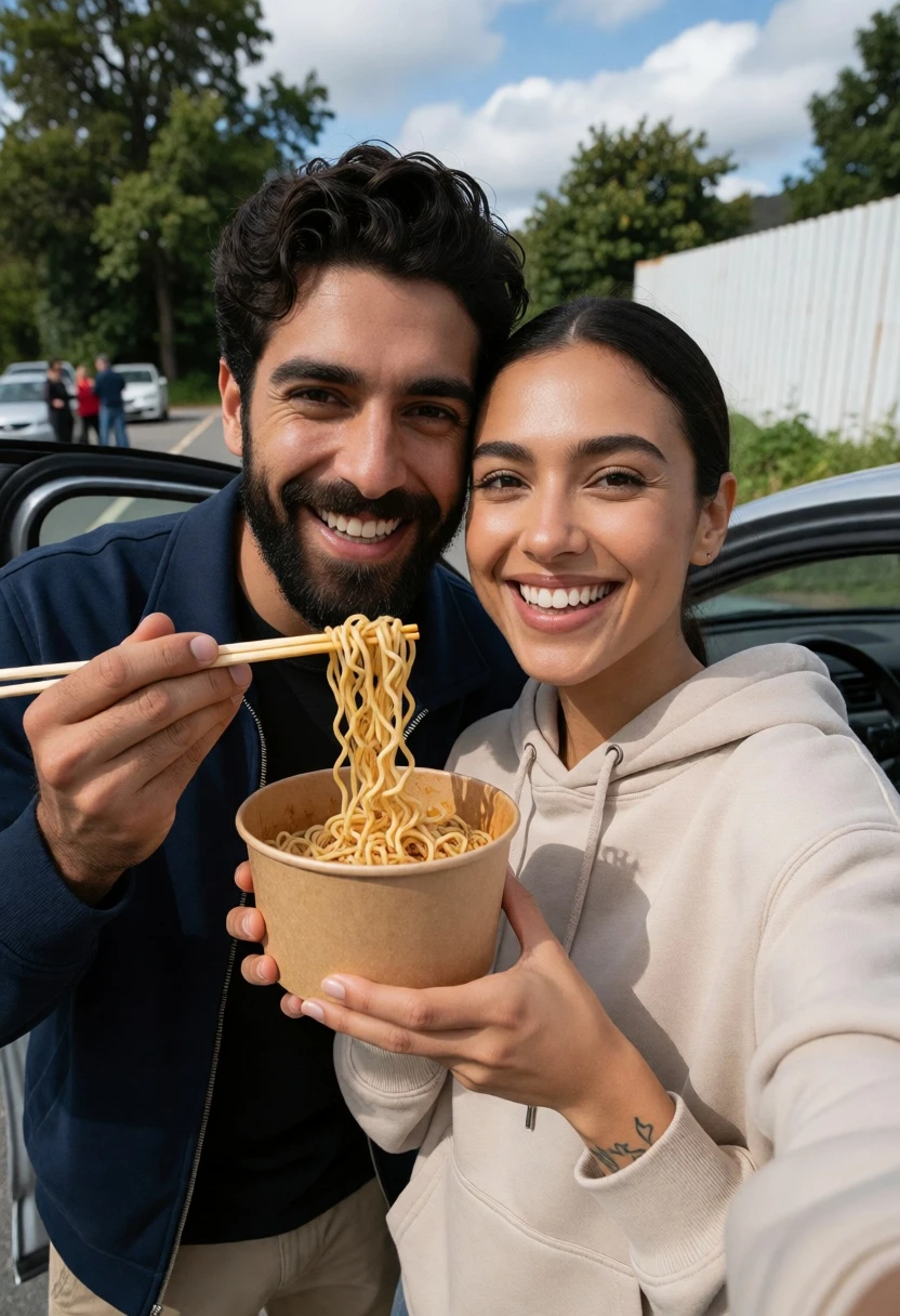 Cheerful couple sharing noodles selfie by roadside under cloudy sky - AI generated image prompt sample