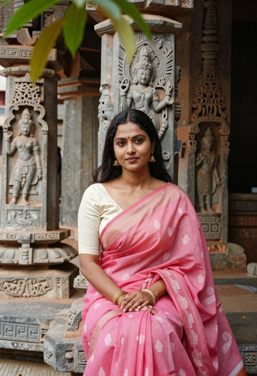 Young woman in pink saree seated near ancient carved stone temple architecture