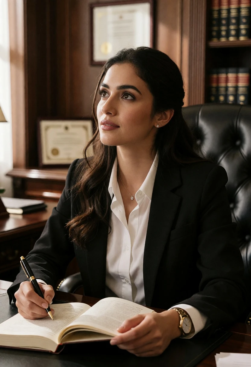 Professional woman at wooden desk contemplating over open book in formal office - AI generated image prompt sample