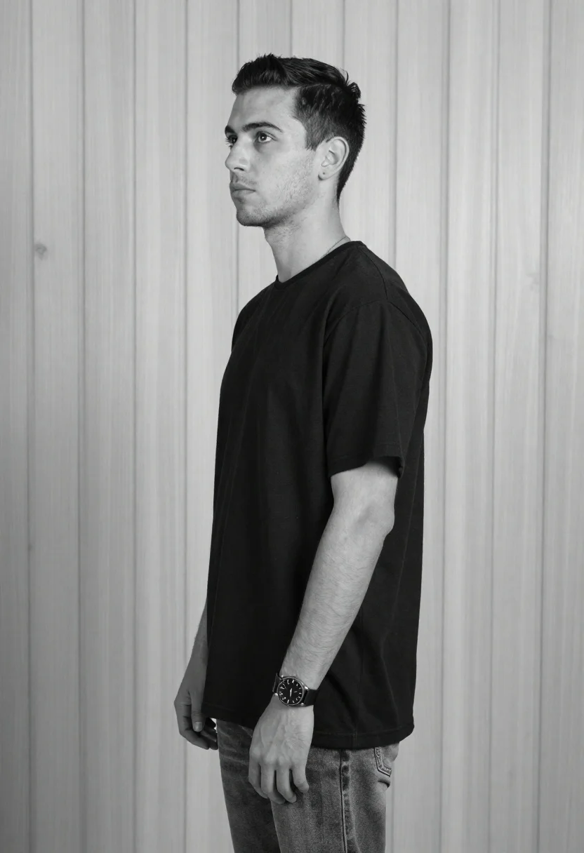Black and white studio portrait of young man against wood wall - AI generated image prompt sample