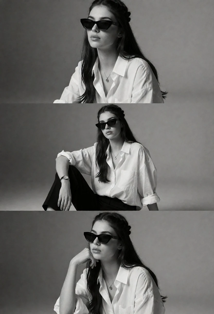 Black and white triptych portrait of woman in oversized white shirt - AI generated image prompt sample