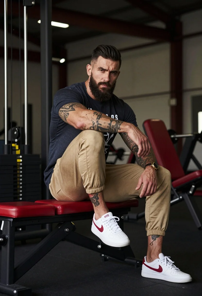 Fit bearded man sitting on red bench in industrial style fitness center - AI generated image prompt sample