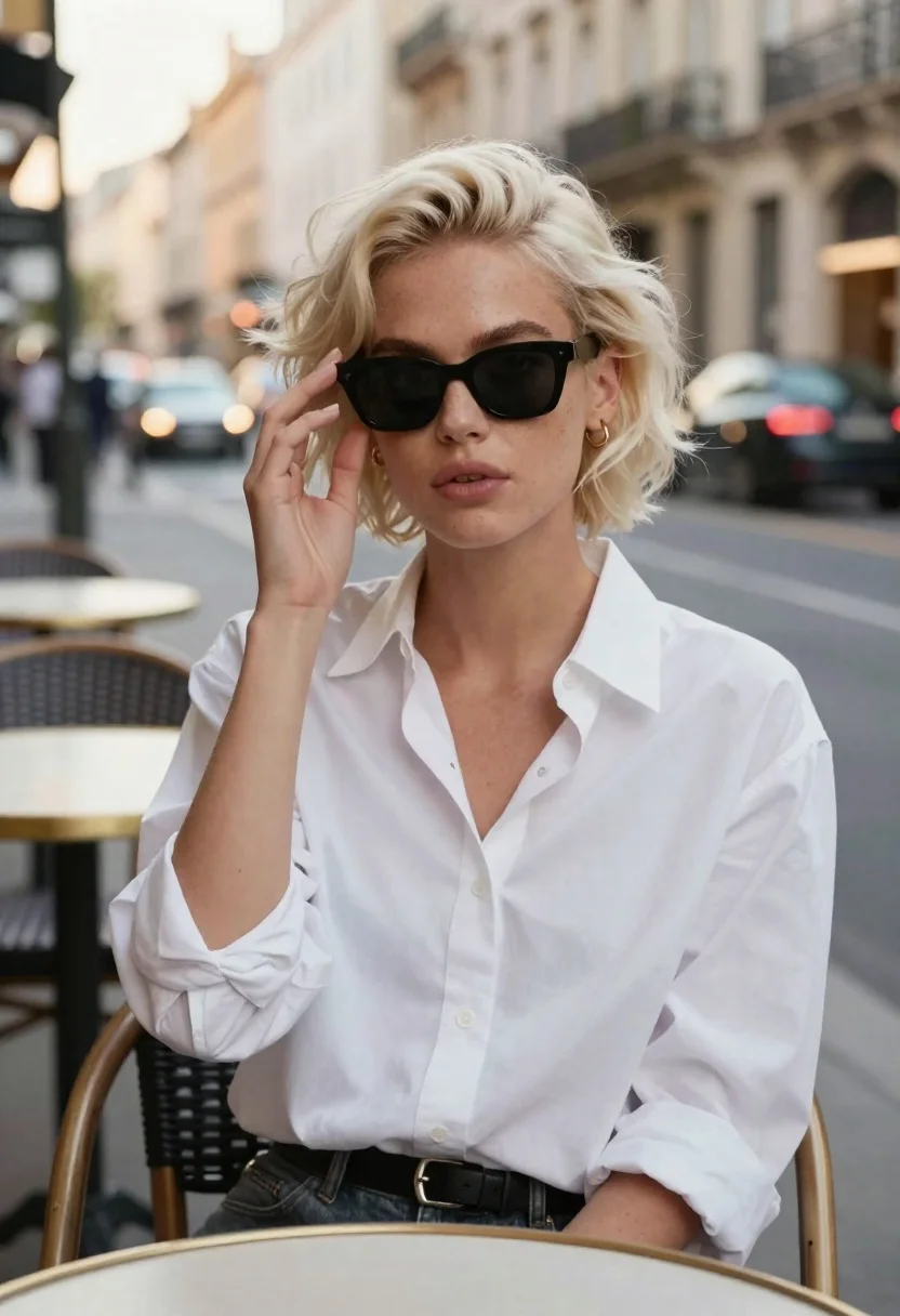 Stylish woman with blonde hair at outdoor european cafe table - AI generated image prompt sample