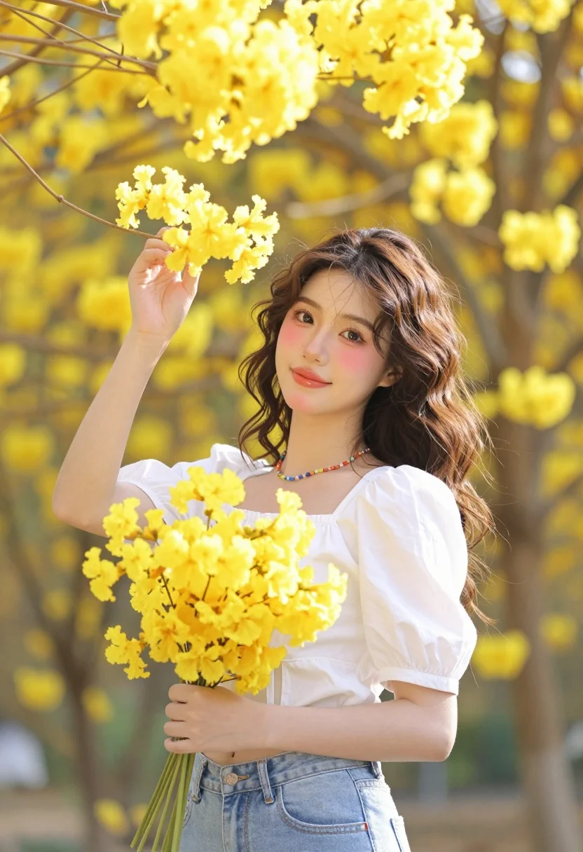 Young woman with brown hair holding yellow bouquet under blooming tree canopy - AI generated image prompt sample