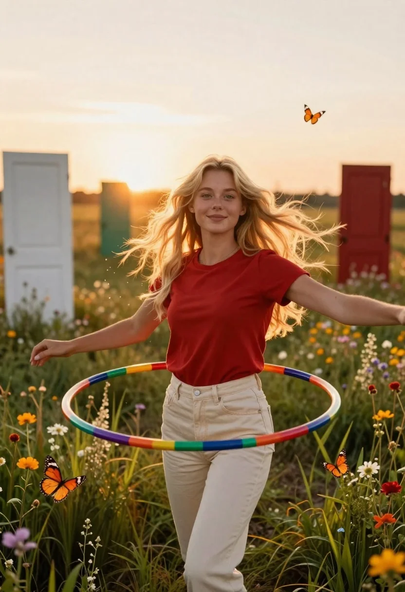 Blonde woman hula hooping in wildflower meadow at golden hour - AI generated image prompt sample