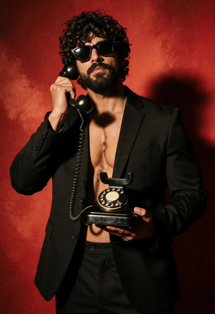 Muscular man in black suit holding vintage phone against red backdrop - AI generated image prompt sample