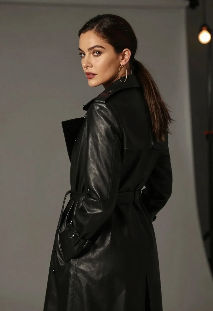 Woman in black trench coat looking over shoulder