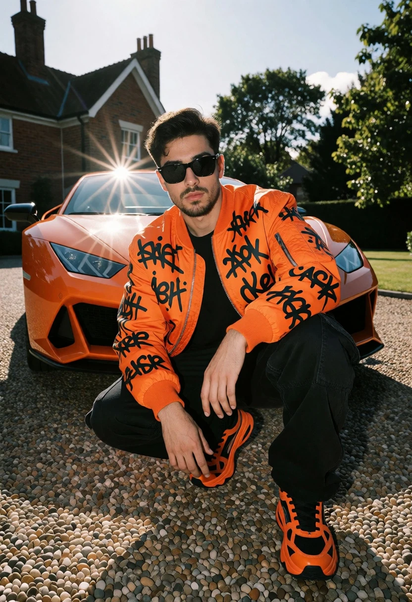 Young man crouching by an orange sports car on a gravel driveway - AI generated image prompt sample