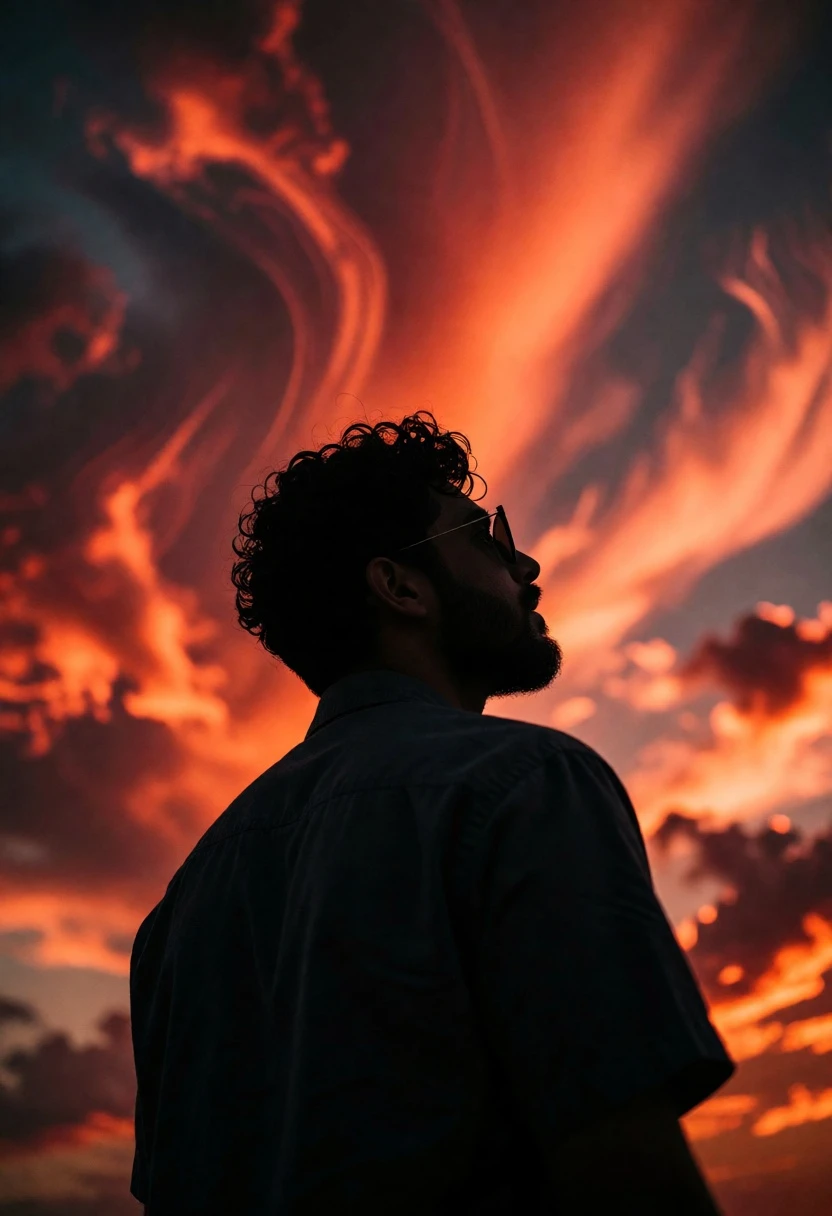 Man in silhouette looking up at dramatic fiery sunset clouds - AI generated image prompt sample