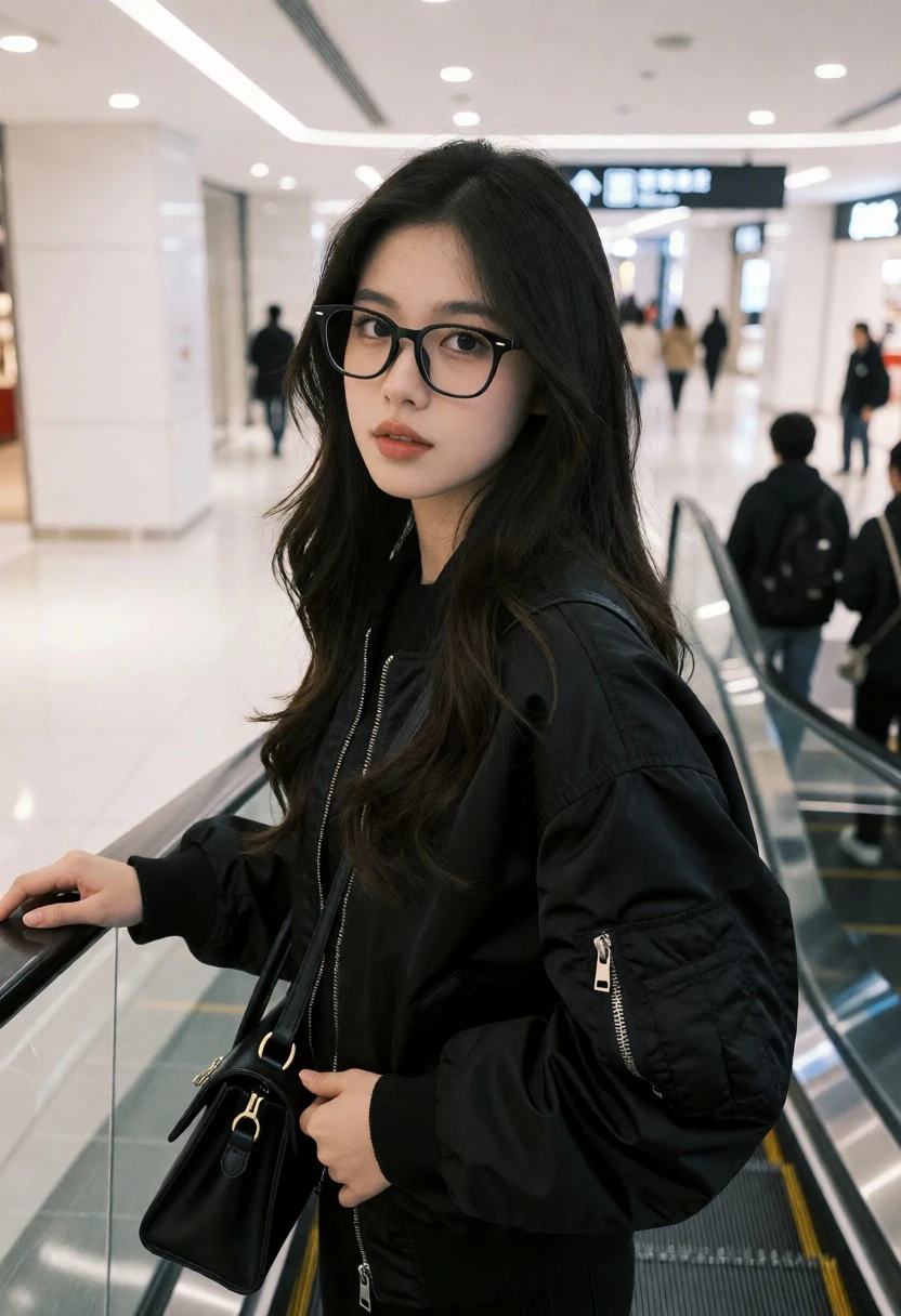 Young woman in black jacket standing on mall escalator under bright artificial - AI generated image prompt sample