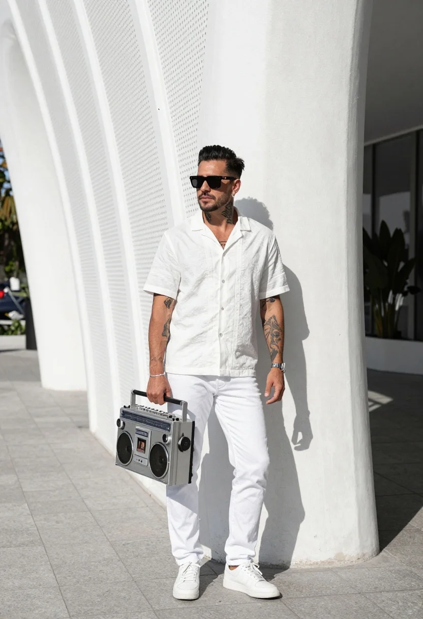 Stylish man leaning on white architecture holding vintage boombox outdoors - AI generated image prompt sample
