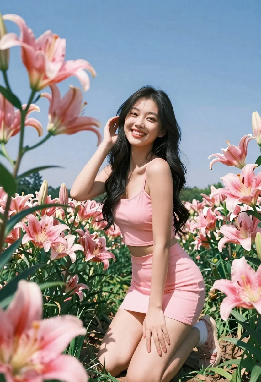 Young woman in pink outfit kneeling in field of pink lilies under - AI generated image prompt sample