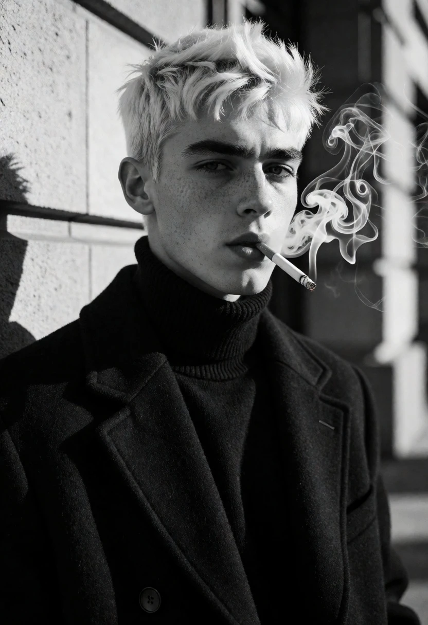 Black and white portrait of young man with platinum blonde hair smoking - AI generated image prompt sample