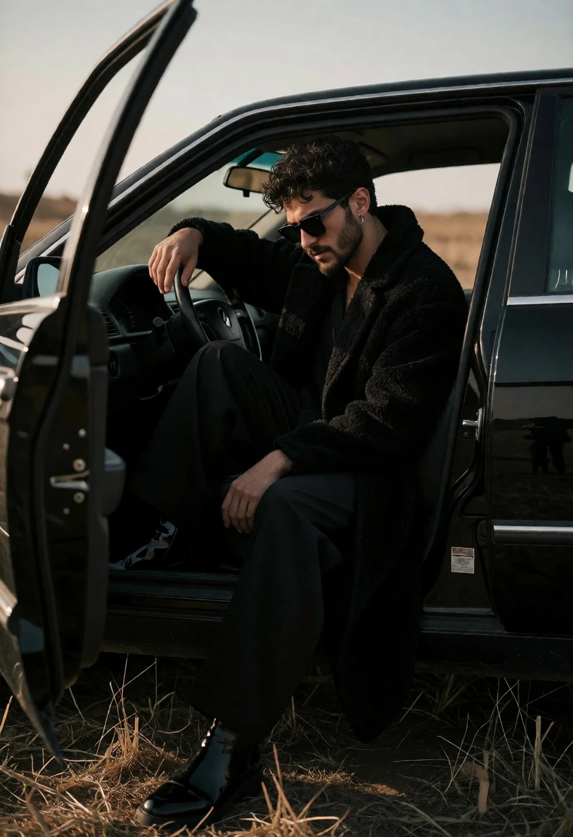 Man in black coat sitting in open car door field at low - AI generated image prompt sample
