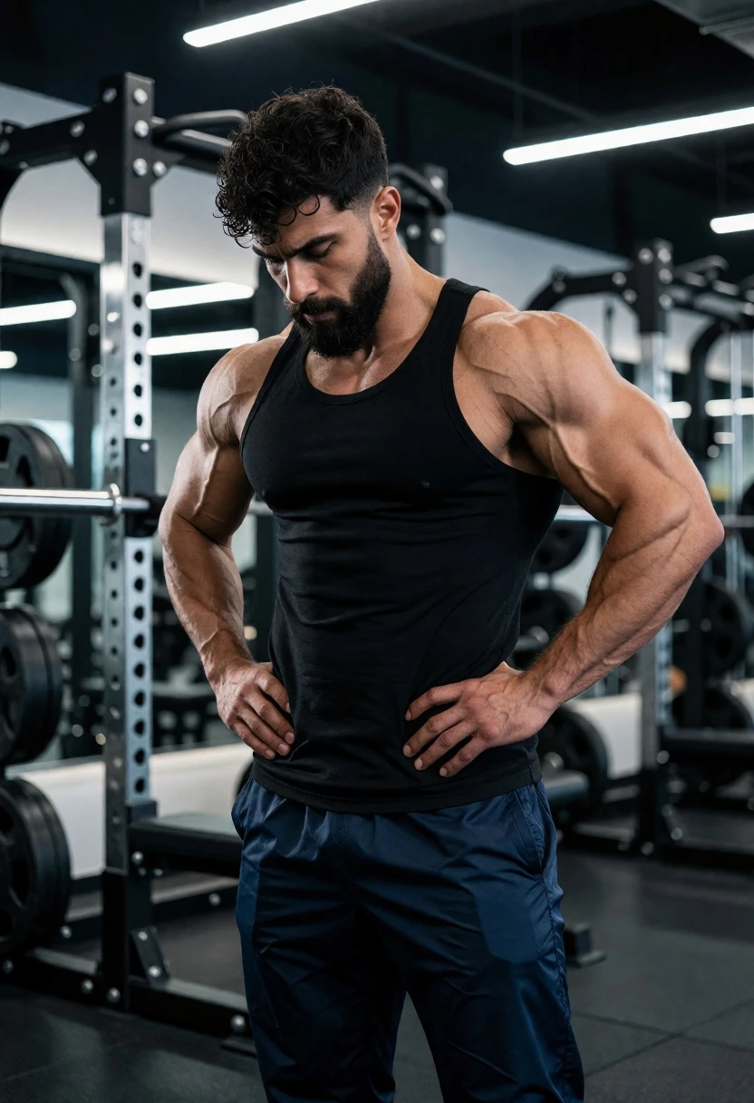 Muscular man resting in a modern gym setting with athletic wear - AI generated image prompt sample