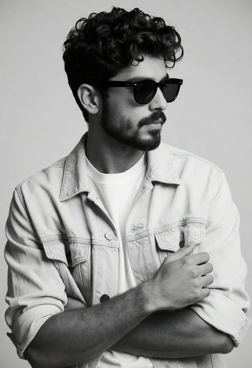 Black and white portrait of young man in denim jacket against gray - AI generated image prompt sample