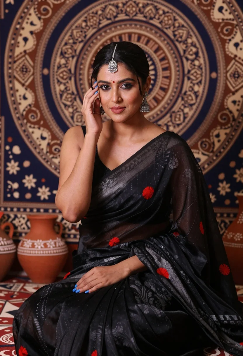 Woman in black saree posing gracefully against ornate mandala tapestry backdrop