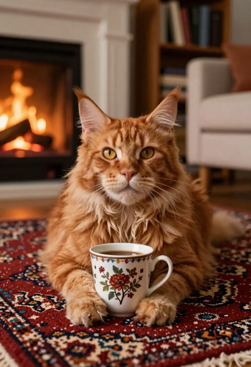 Cat holding mug in cozy living room by fireplace