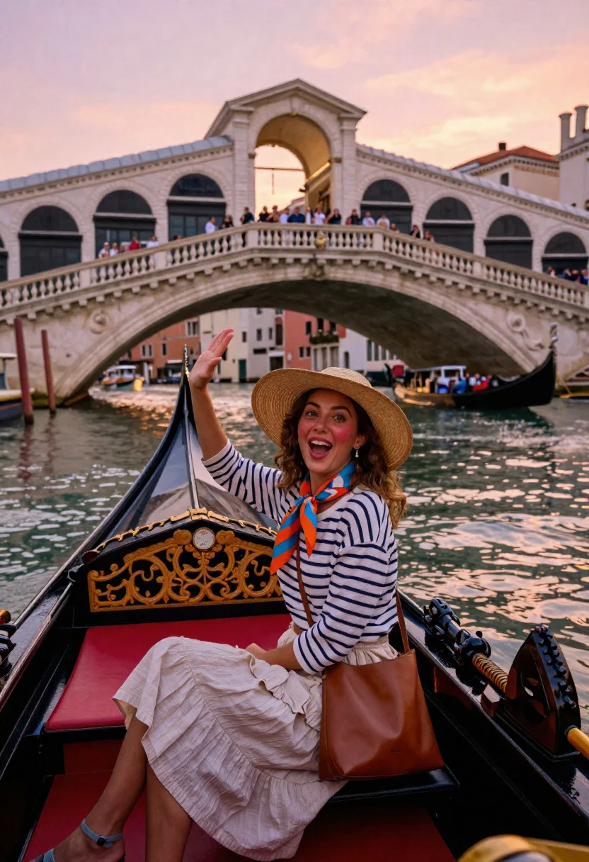 Delighted woman gondola riding under rialto bridge at sunset