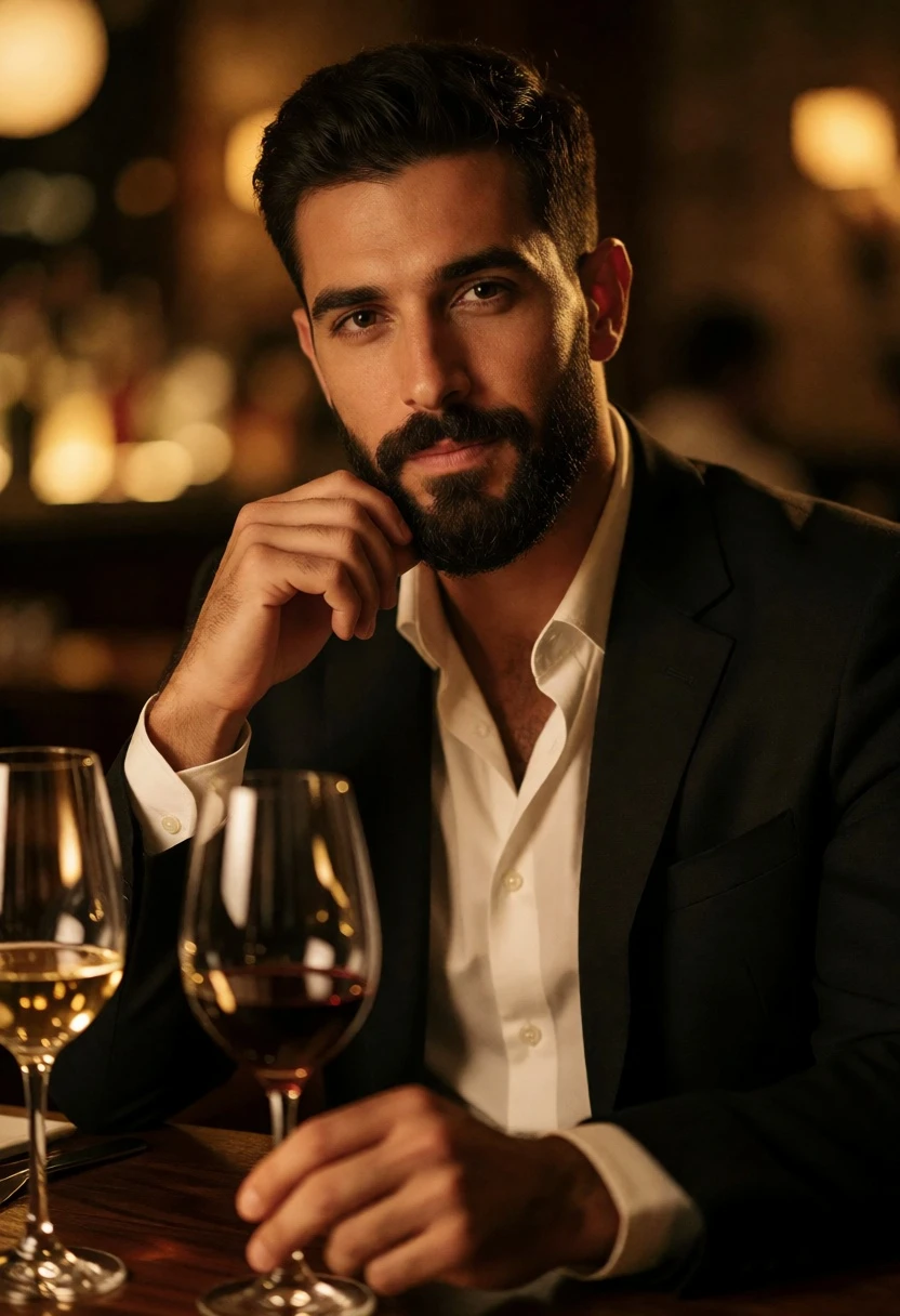 Man in dark suit seated at table with wine glasses in dimly - AI generated image prompt sample