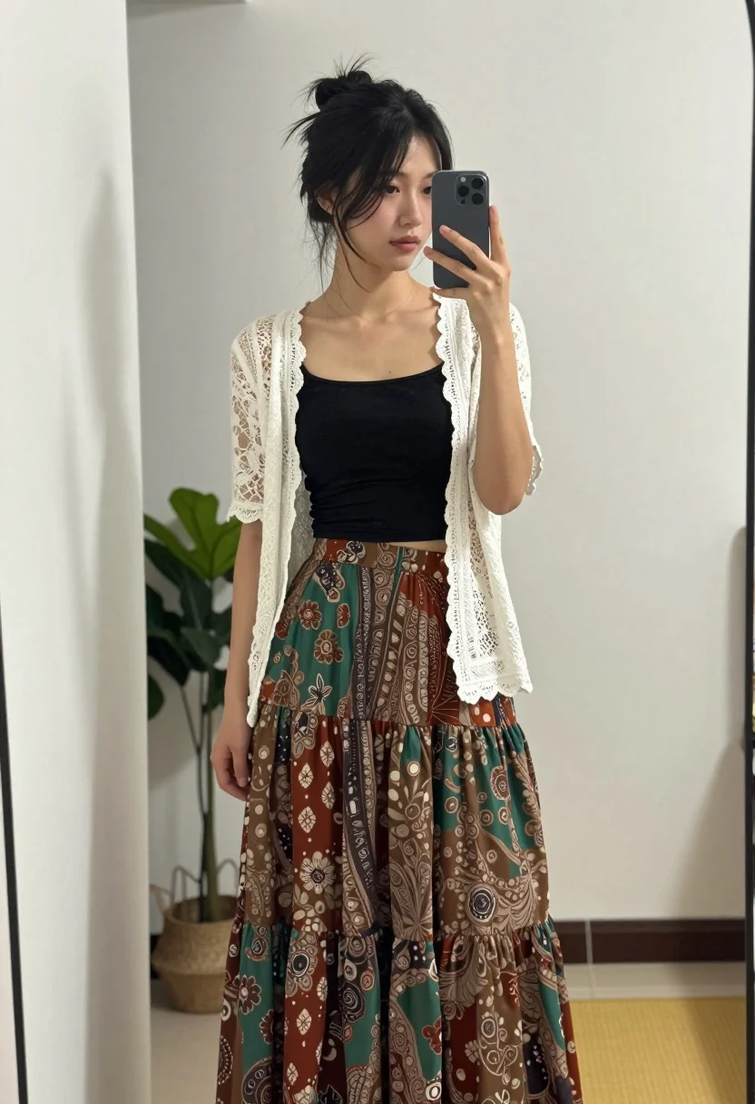 Young woman taking mirror selfie in black crop top and patterned maxi - AI generated image prompt sample