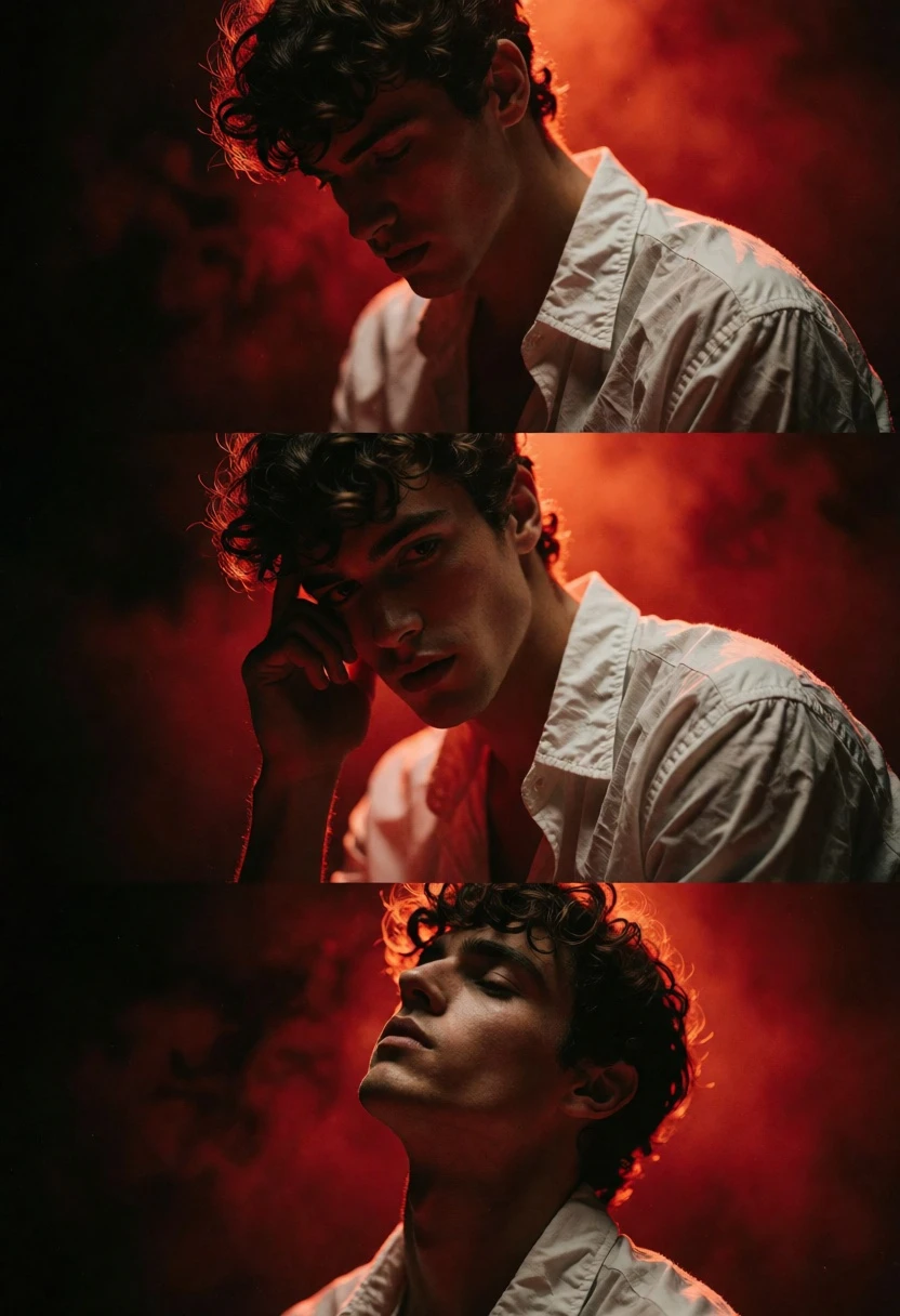 Triptych portrait of young man with curly hair under intense red lighting - AI generated image prompt sample