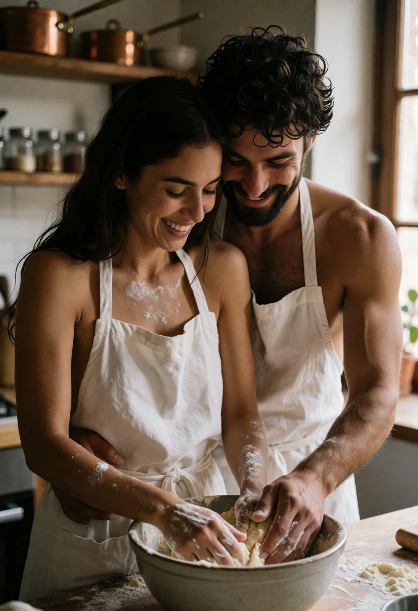 Couple kneading dough together in rustic kitchen setting with natural light - AI generated image prompt sample