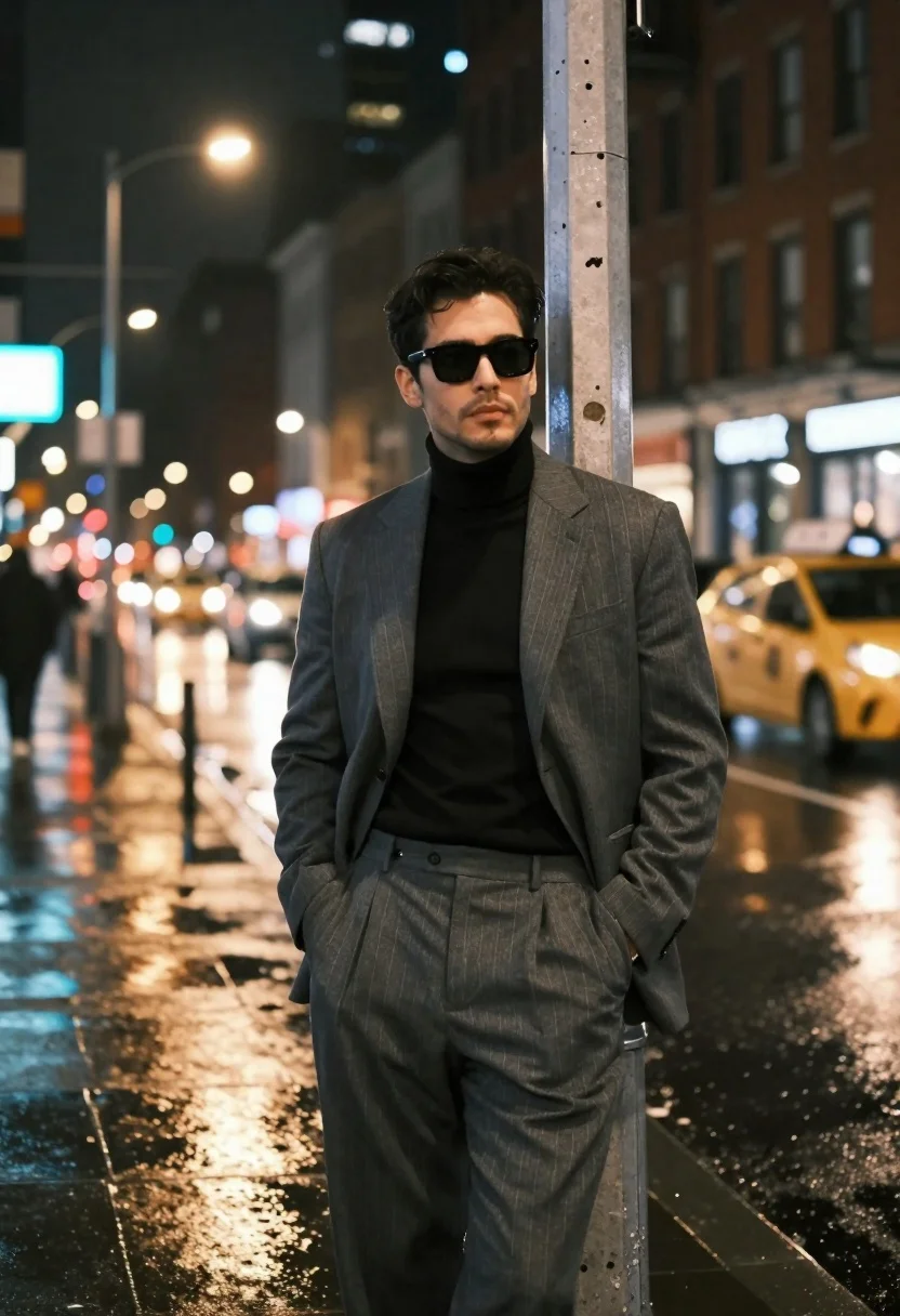 Stylish man in suit against rainy city streetlight - AI generated image prompt sample