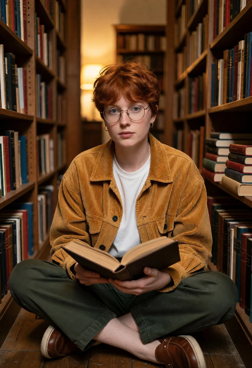 Young person with red hair reading book in narrow wooden library aisle - AI generated image prompt sample