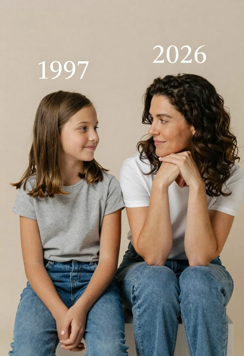 Portrait of mother and daughter sitting together against neutral studio background - AI generated image prompt sample
