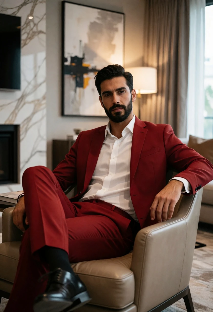 Handsome man in red suit seated in modern living room interior setting - AI generated image prompt sample