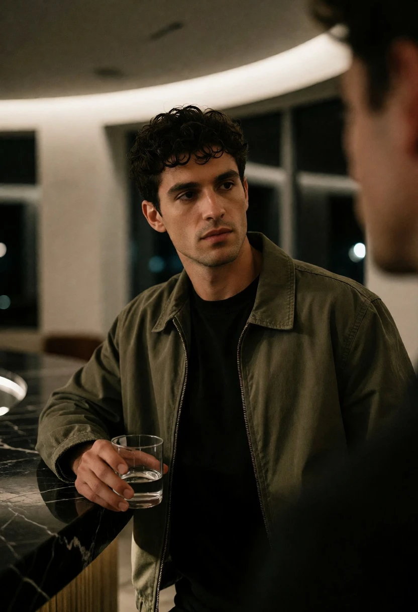 Man in olive green jacket at bar counter looking off to the - AI generated image prompt sample