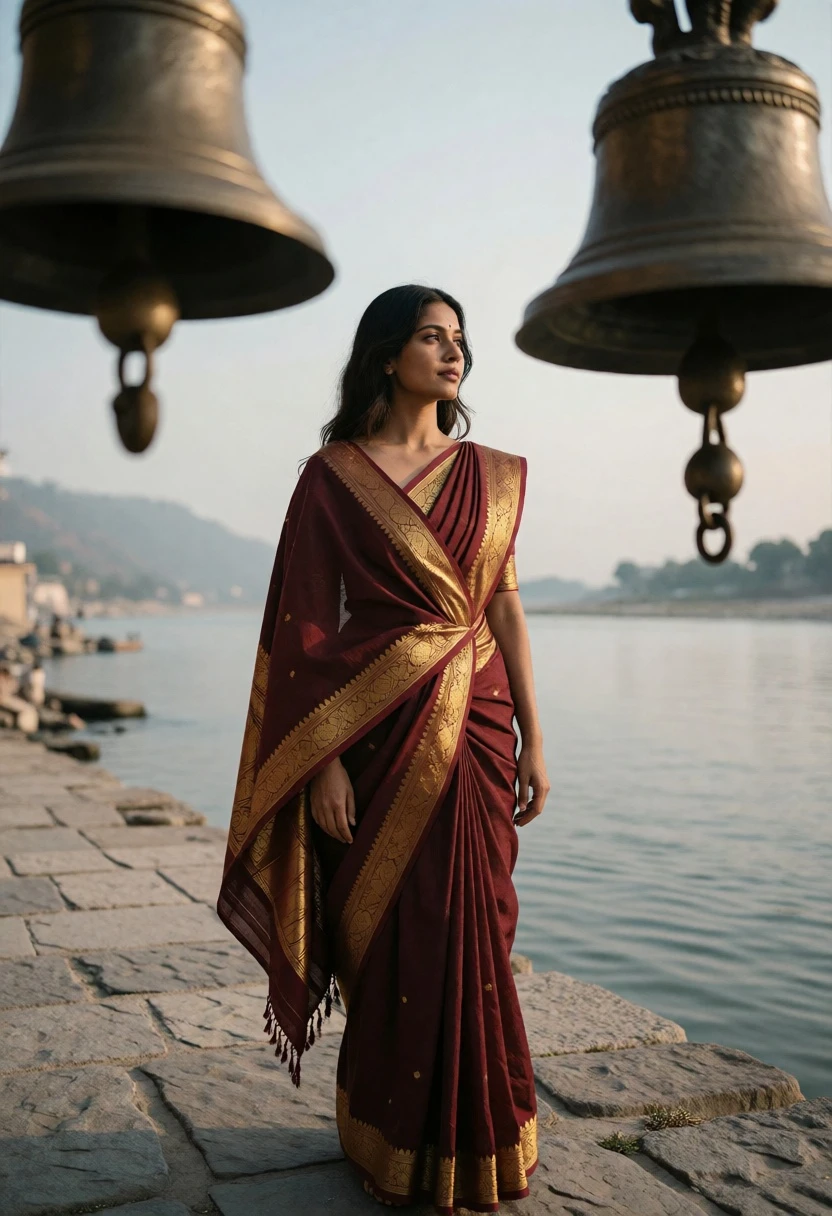 Woman in traditional maroon garment on stone riverbank framed by hanging bells - AI generated image prompt sample