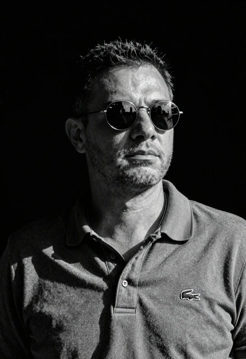 Black and white portrait of man in polo shirt - AI generated image prompt sample