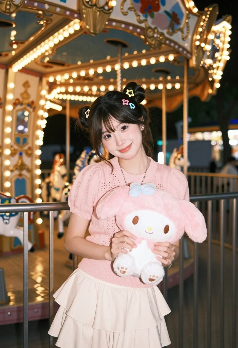 Cheerful young woman with dark hair holding pink plush toy at amusement - AI generated image prompt sample