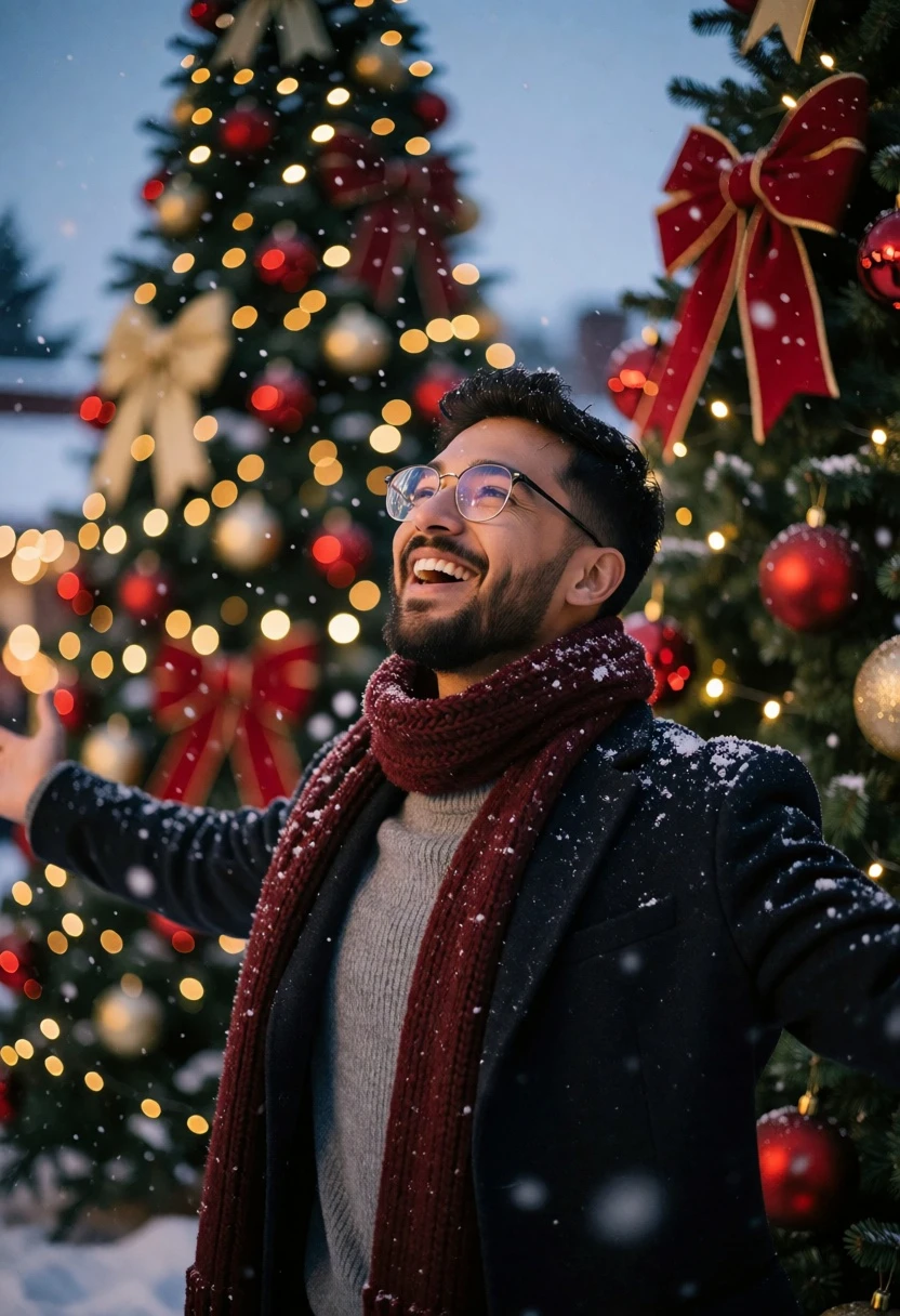 Joyful man with outstretched arms near decorated christmas trees in falling snow - AI generated image prompt sample
