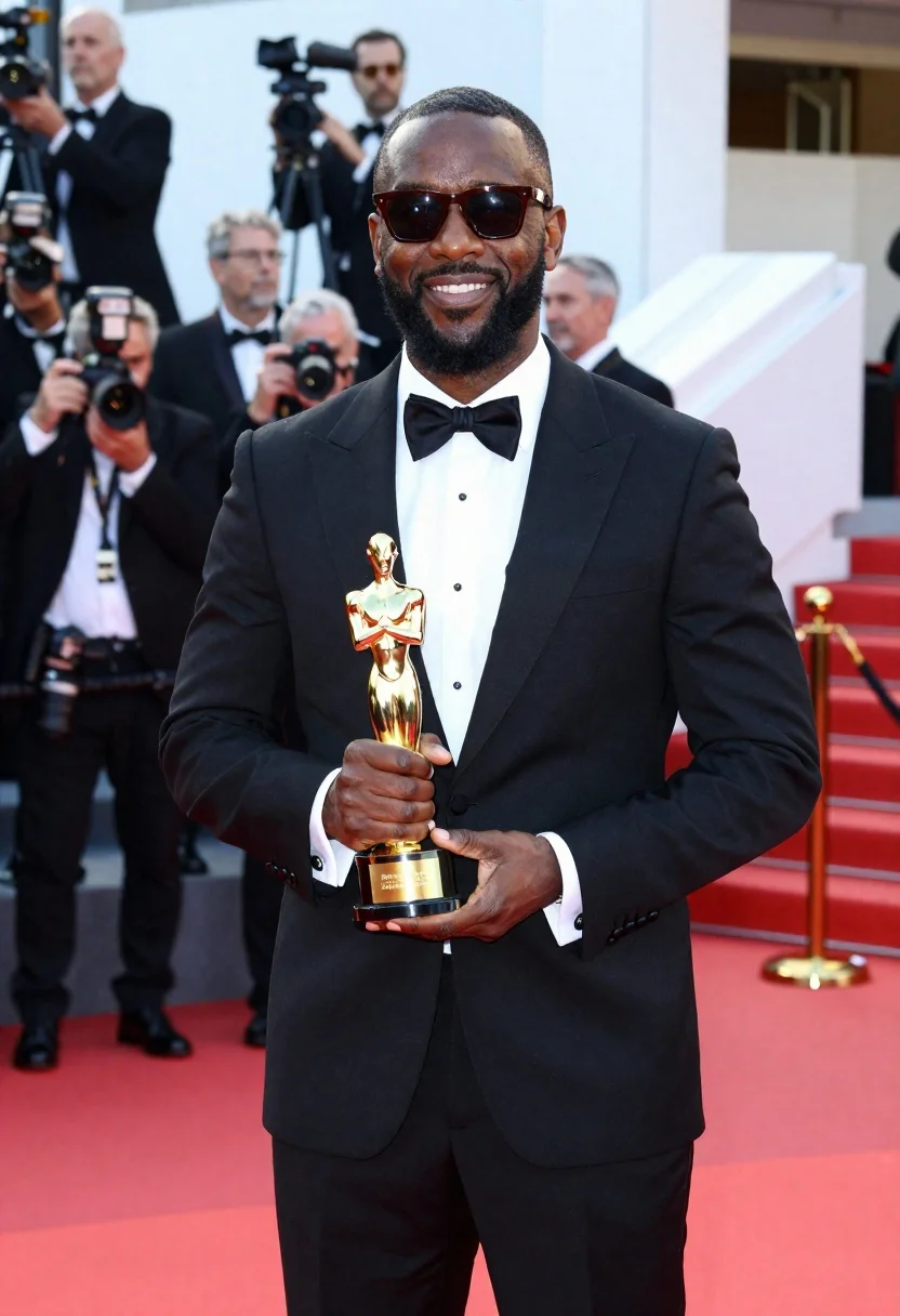 Man in tuxedo holding award on red carpet