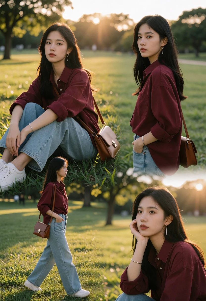 Young woman with dark hair in maroon shirt across green park at - AI generated image prompt sample