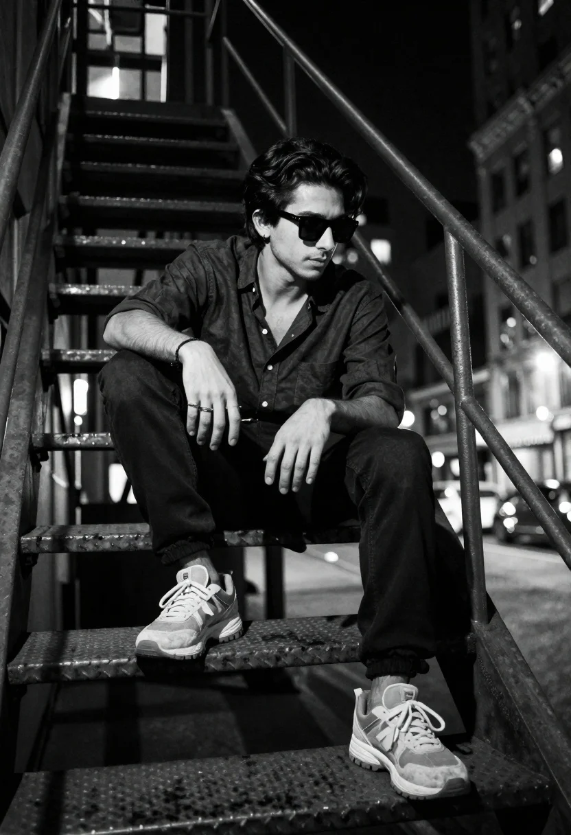 Young man sitting on fire escape staircase at night in city - AI generated image prompt sample