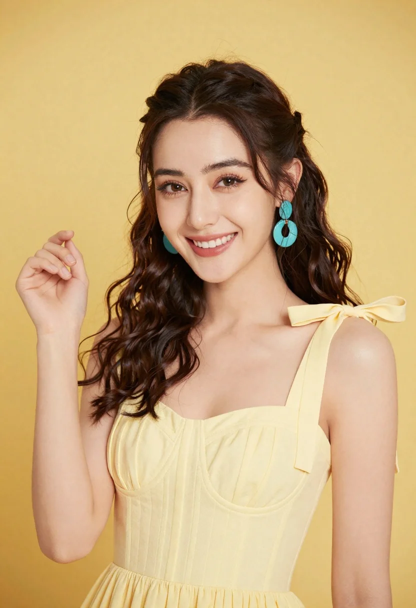 Smiling young woman in pale yellow dress against solid bright yellow background