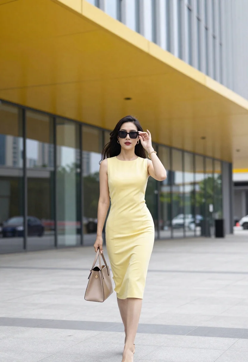 Stylish woman in pale yellow dress walks on paved area near modern - AI generated image prompt sample