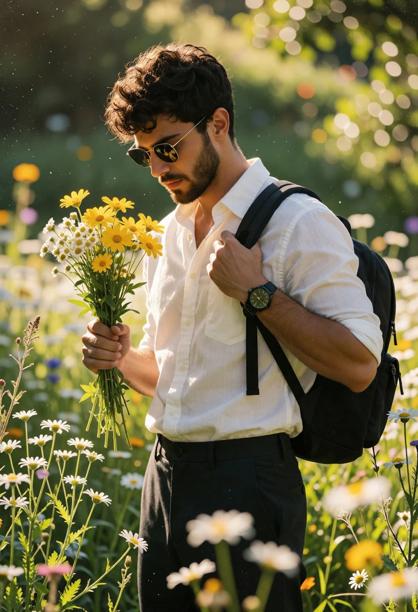 Young man in white shirt holding yellow flowers in wildflower meadow - AI generated image prompt sample