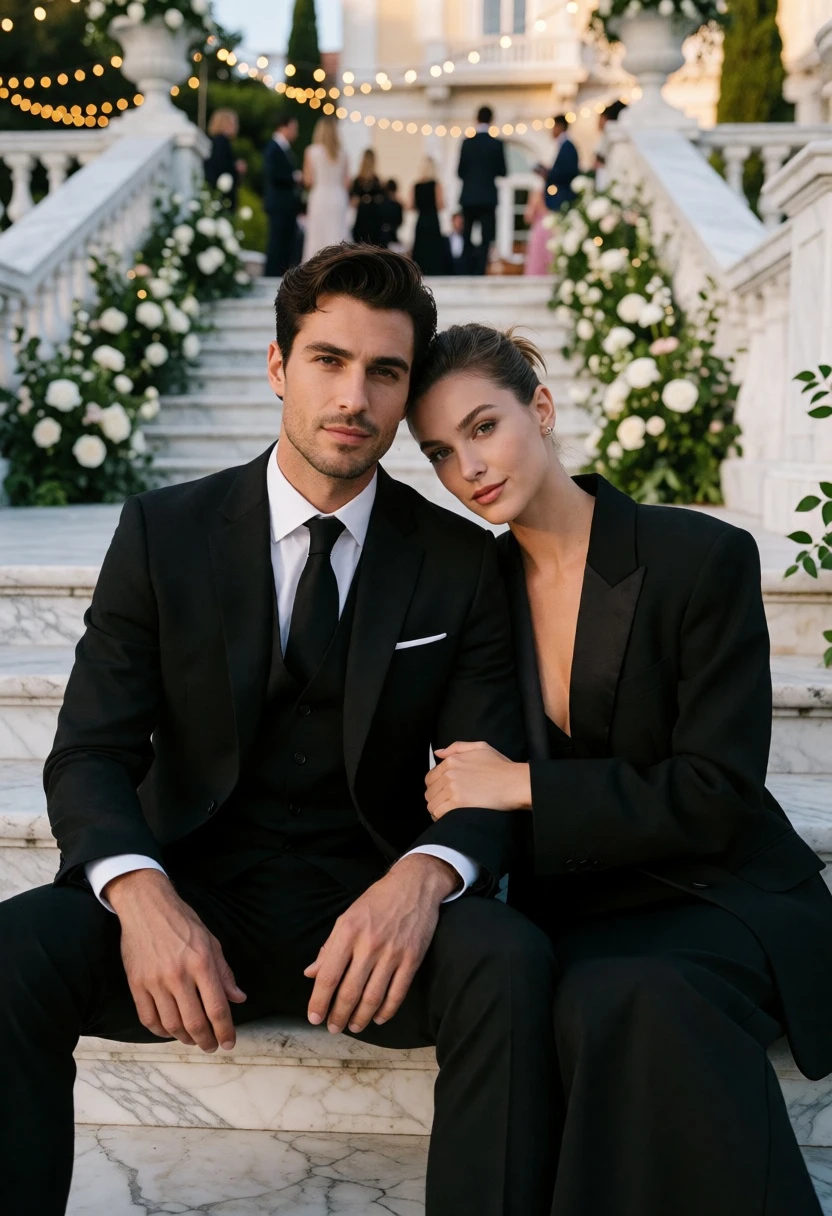 Couple sitting on marble steps at an elegant outdoor event with white - AI generated image prompt sample