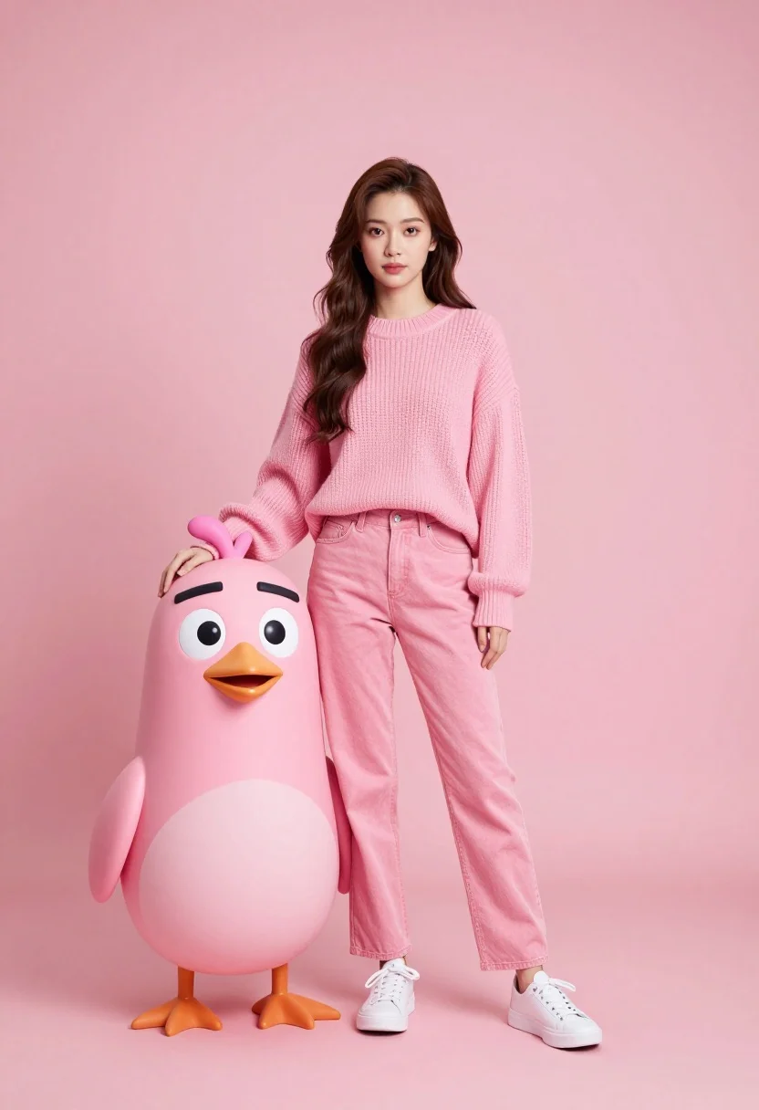 Full body portrait of woman with pink sweater next to animated bird - AI generated image prompt sample