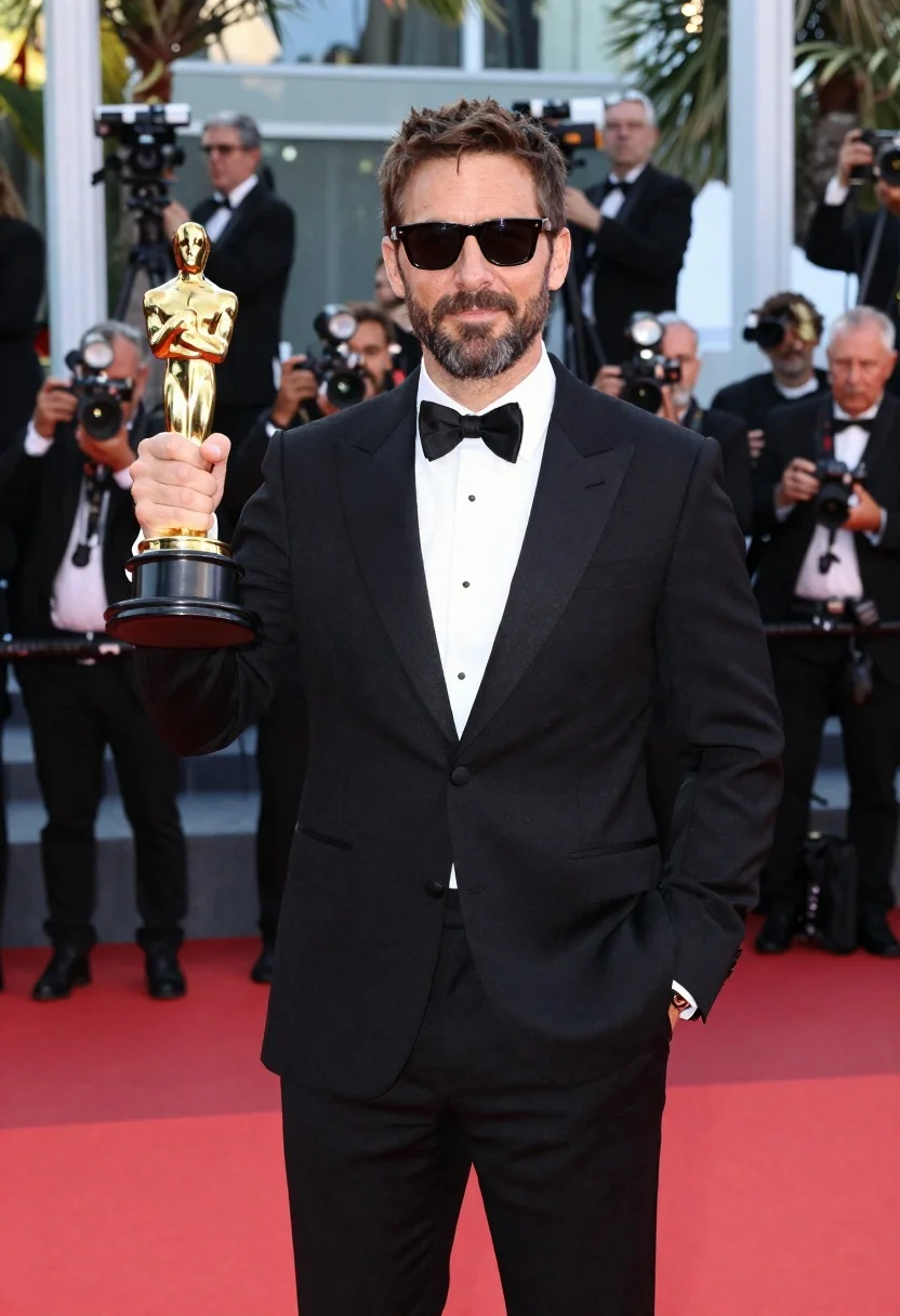 Man with oscar statuette on a red carpet
