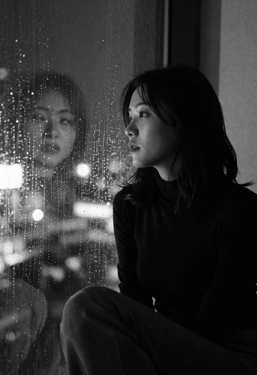 Medium close up profile portrait woman by rain streaked window at night - AI generated image prompt sample